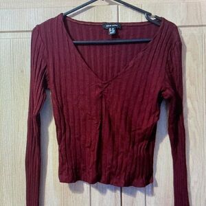 New Look Deep Red Long Sleeve Ribbed Top